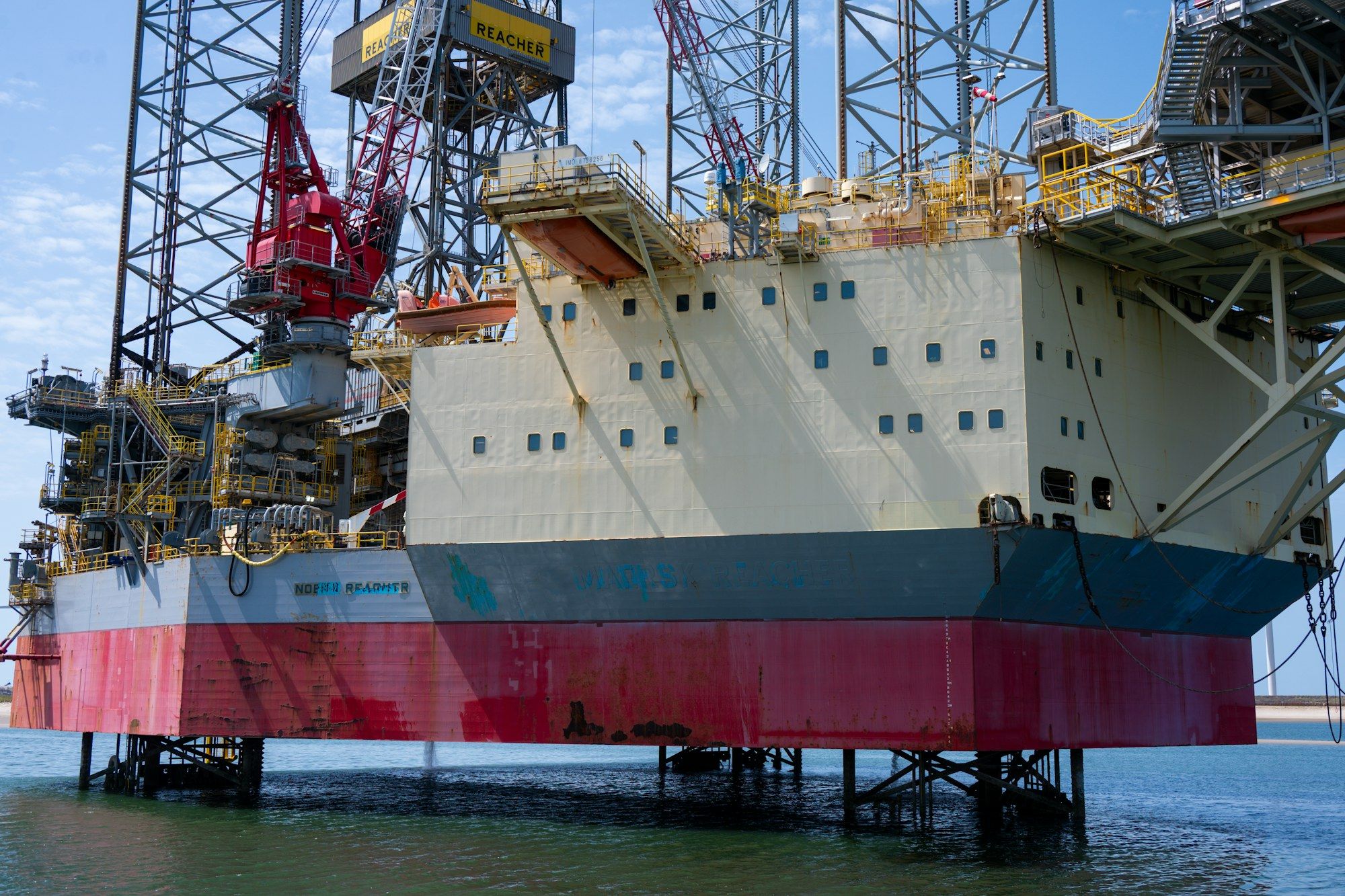 Offshore jack-up rig standing in open water